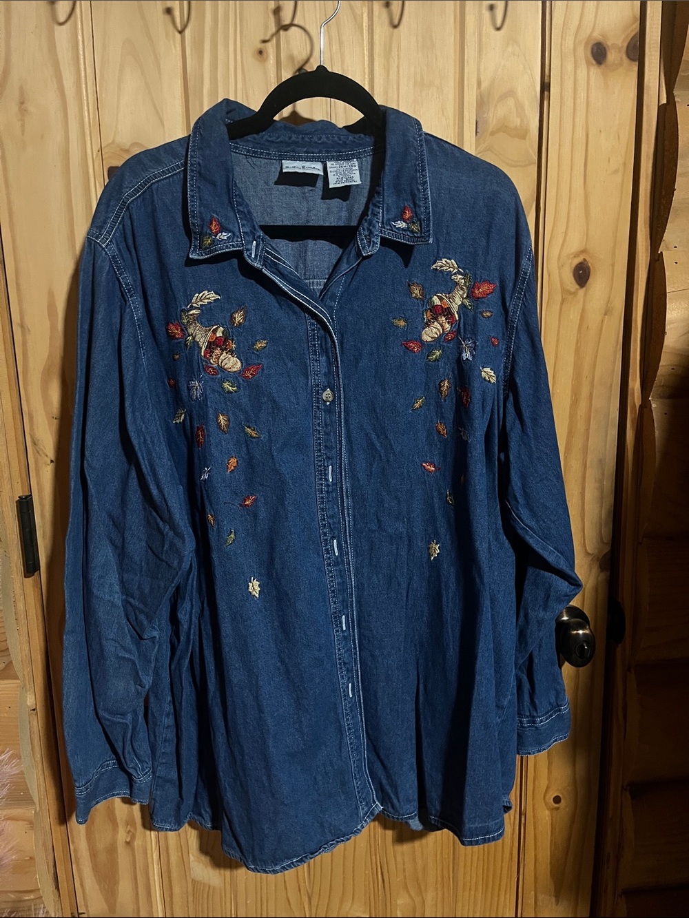 Bobbie Brooks Vintage Dark Blue Embroidered Leaf Denim Shirt-Jacket